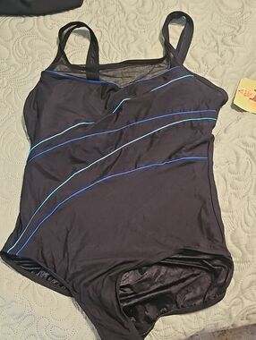 Beach Cabana women's Black One-Piece Swimsuit with Blue and Teal Accent Piping